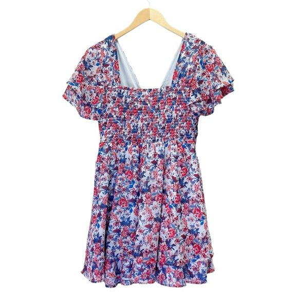 NWT Japna Americana Floral Ruffled Flutter Sleeve Mini Dress Red Blue Size Large - Picture 3 of 12